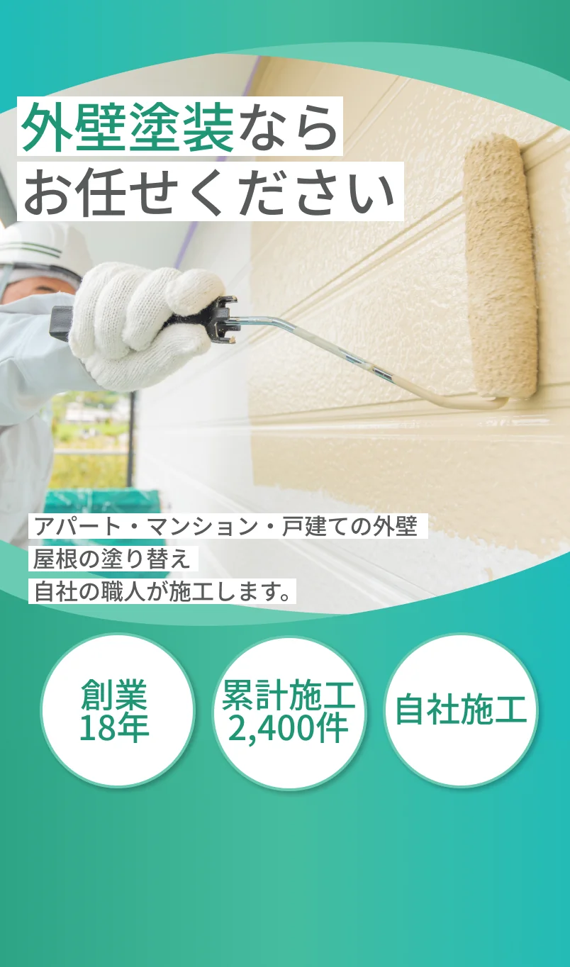 外壁塗装ならお任せください。アパート・マンション・戸建ての外壁・屋根の塗り替え。自社の職人が施工します。創業18年／累計施工2,400件／自社施工