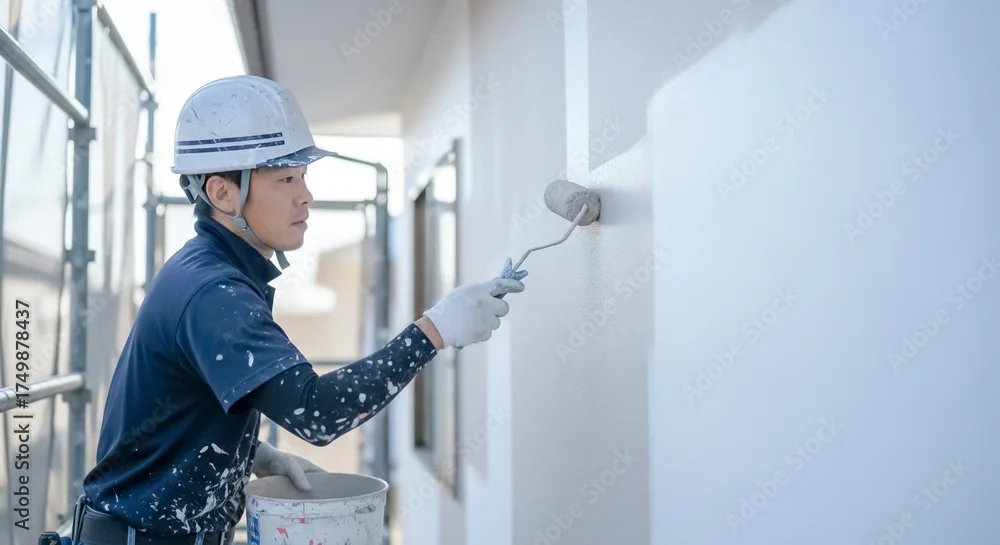 ローラーで外壁を塗装する職人
